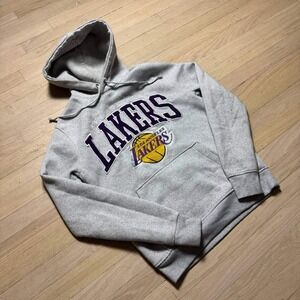 NBA Los Angeles Lakers Hoodie Heather Grey Chenille Logo Pullover Mens Small